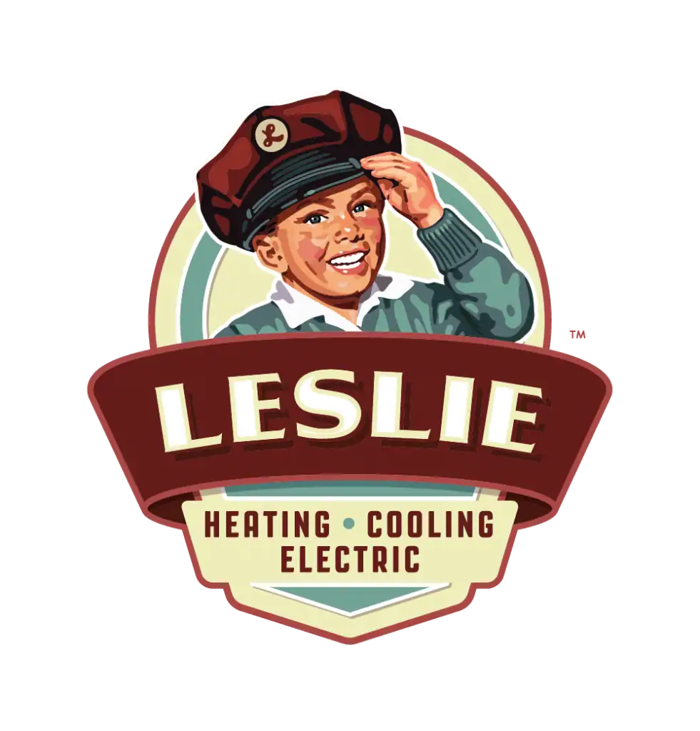 Illustration of a smiling child in uniform touching their cap, with "Leslie Heating Cooling Electric" written below in a badge-like design.