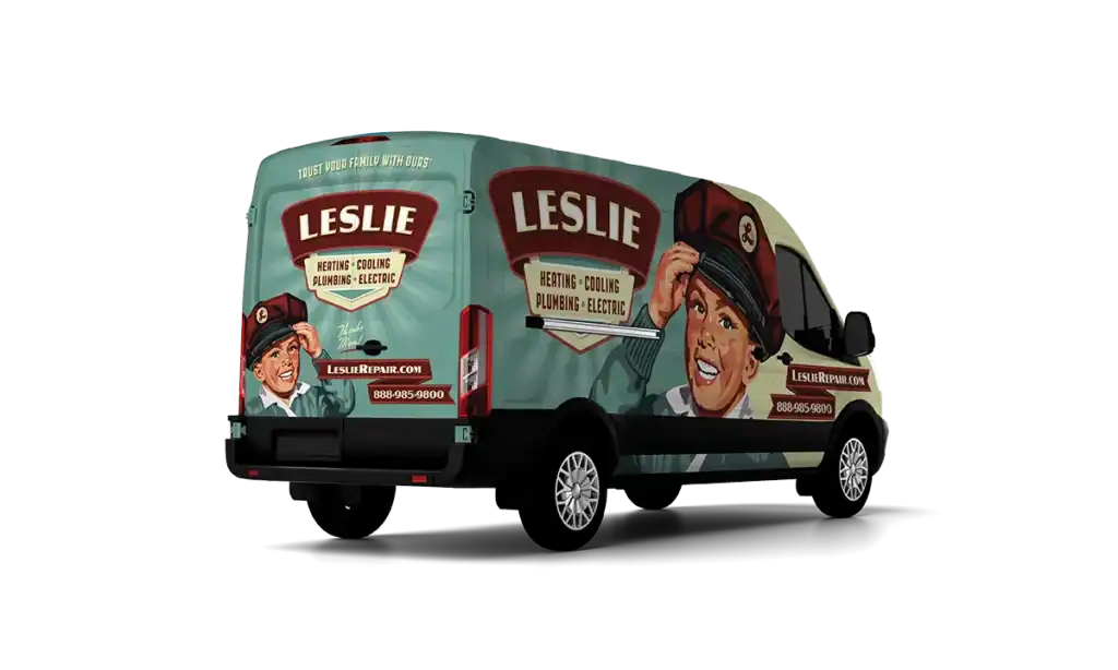 A branded service van with "Leslie Heating - Cooling - Plumbing - Electric" graphics, a smiling technician illustration, contact number, website, and mention of flexible finance options for your convenience.